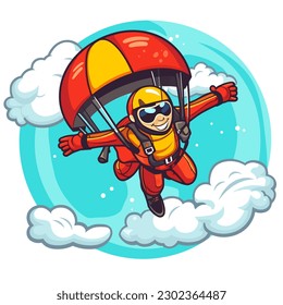 Parachutist skydiving. Adrenaline sport. cartoon vector illustration, isolated background, label, sticker