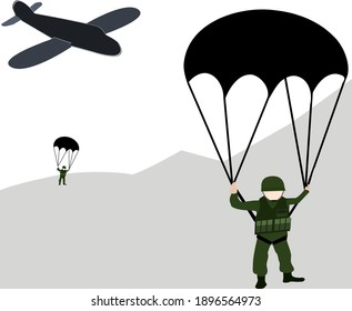 Paracaidista, soldado paracaidista en el aire y en las nubes Ilustración vectorial Caricatura de la Fuerza Aérea Militar