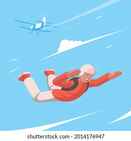 Fallschirmspringer stürzen am Himmel. Skydiving. Blick auf einen Mann, der am Himmel fliegt. Im Hintergrund ein zurückgehendes Flugzeug. Vektorflache Design-Illustration.