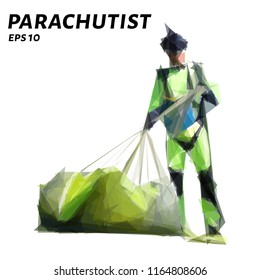 Parachutist from triangles. Low poly skydiver. Vector illustration