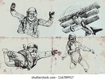 Parachutists collection. Vintage sport illustrations. Vector description: Editable in several layers (at least three layers). Number of colors in each layer: no more than sixteen.