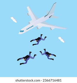 Parachutists jumping out of plane in blue sky 3d vector illustration concept for banner, website, illustration, landing page, flyer, etc