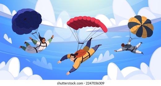 Parachutists in sky. Cartoon flat style drawing skydivers characters, people flying, free fall, extreme danger sport, team plane jumping, man and woman skydivers, tidy vector concept