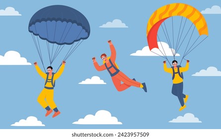 Parachutists at sky concept. Skydivers young guys in colorful costumes. Extreme sports and active lifestyle. Men near clouds at sky. Poster or banner. Cartoon flat vector illustration