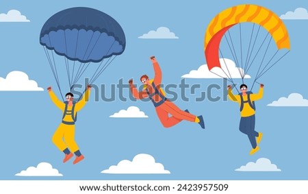 Parachutists at sky concept. Skydivers young guys in colorful costumes. Extreme sports and active lifestyle. Men near clouds at sky. Poster or banner. Cartoon flat vector illustration
