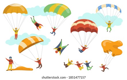 Ilustraciones vectoriales paracaidistas. Gente con sombreros y máscaras volando con paracaídas y parapentes. Para el paracaidismo, pasatiempo peligroso, adrenalina, concepto deportivo