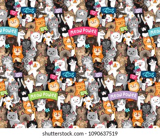 Parade of cats with slogans. Lots of cute  characters at cartoon style. Seamless multicolor pattern for textile, design and decoration
