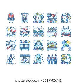 Parade Celebration Festival Event doodle icons set vector. Light Show Firework, Military Aviation Parade, Marching People Asiatic New Year Celebrate Holiday sketch hand drawn