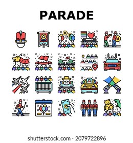 Parade Celebration Festival Event Icons Set Vektor. Lichtschau und Feuerwerk, Militär- und Luftfahrt-Parade, marschierende Menschen und asiatische Neujahr feiern Feiertage-Line. Farbillustrationen