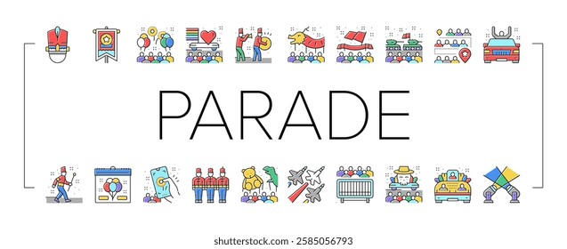 Parade Celebration Festival Event Icons Set Vector. Light Show And Firework, Military And Aviation Parade, Marching People And Asiatic New Year Celebrate Holiday Line. Color Illustrations