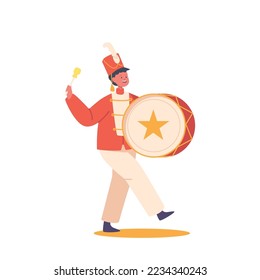 Parade Celebration, Musician Boy Character Walking and Playing Drum Isolated on White Background. Military Orchestra Playing Musical Instrument during Victory March. Cartoon People Vector Illustration