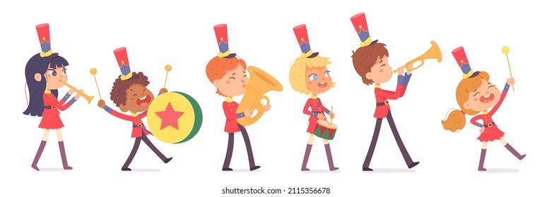 Parade of cute band of marching kids in red uniform set vector illustration. Cartoon happy girls and boys play festival music with drum, brass horn, trombone and flute, children walk isolated on white