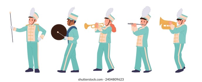 Parade of cute marching children music band cartoon characters playing different instrument