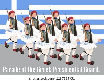 Parade of the Greek Presidential Guard with the Greek flag in the background. Evzones. Athens. Vector illustration of traditions of different countries.