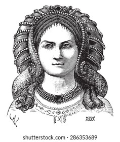 Parade hairstyle noble ladies face, vintage engraved illustration. Industrial encyclopedia E.-O. Lami - 1875.
