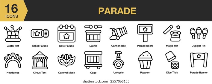 Parade icon set. Includes drums, cannon ball, board, magic hat, juggler pin, popcorn, unicycle, dice trick, and More. Outline icons vector collection.