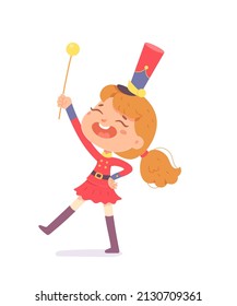 Parade march of cute girl in festive uniform vector illustration. Cartoon kid singing to music and marching with school orchestra to participate in parade, student on demonstration isolated on white