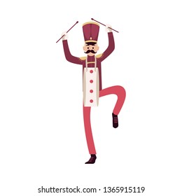 Parade and marching band participant, mustache man with drum sticks. Parade musician with a sticks. Isolated vector man in flat cartoon style on white background.