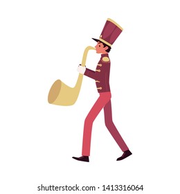 Parade And Marching Band Participant, A Red Faced Saxophone Player Plays A Saxophone Or Trumpet. Parade Musician With A Trumpet. Isolated Vector Man In Flat Cartoon Style On White Background.