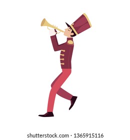 Parade and marching band participant, young trumpeter plays trumpet. Parade musician with a trumpet, isolated vector man in flat cartoon style on white background.