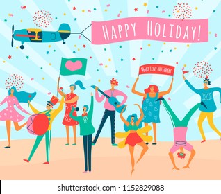 Parade People Flat Composition With Happy Holiday Flag And Group Of People Celebrate Vector Illustration