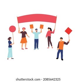 Parade. People with placards and a banner marched in the parade. Icon, clipart for website, apps about fighting for rights, lgbtq , demonstrations. Vector flat illustration, cartoon style.