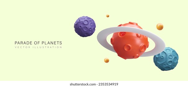 Parade of planets. Rare natural phenomenon. Celestial bodies lined up in row. Vector concept with 3D illustration. Reminder of unusual sight. Seasonal poster