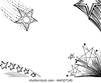 Parade of planets. Space landscape. Frame of stars. Line art. Black and white risuno by hand. Doodle.