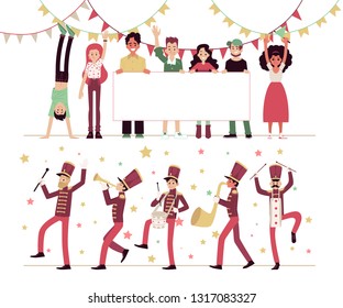 Parade, the procession of people in costumes and musical instruments, marching band. Musicians play the trumpet and drum, demonstration of people with a blank poster. Parade vector flat illustration.