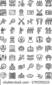 parade related map, location, magic hat, drumsticks, trumpet, joker, tickets, swords, face masks, dresses, confetti, balloons, camera, calendar, soldiers, carriage and flag vector in lineal style