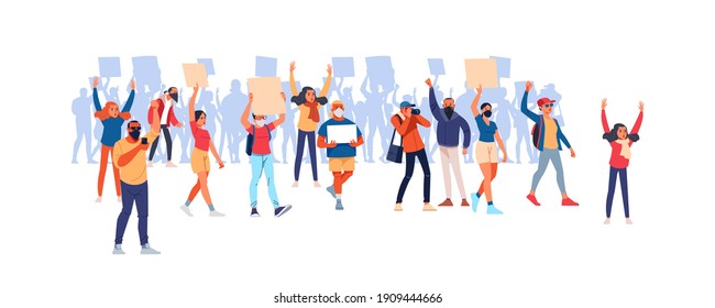 Parade rights, adult picket and strike. Activists with placards, peaceful rights protest, manifestation, men and women parade participation. People hold banners. Cartoon Flat style vector illustration