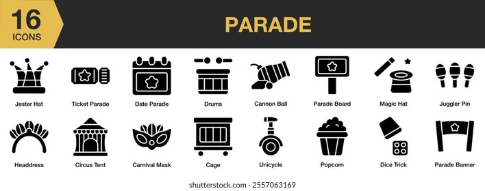 Parade solid icon set. Includes drums, cannon ball, board, magic hat, juggler pin, popcorn, unicycle, dice trick, and More. Solid icons vector collection.