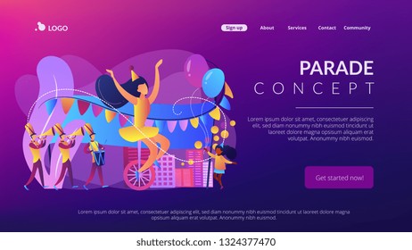 Parade of tiny people, clown, marching music band at national holiday or carnival. Parade, massive celebration, march procession of people concept. Website vibrant violet landing web page template.