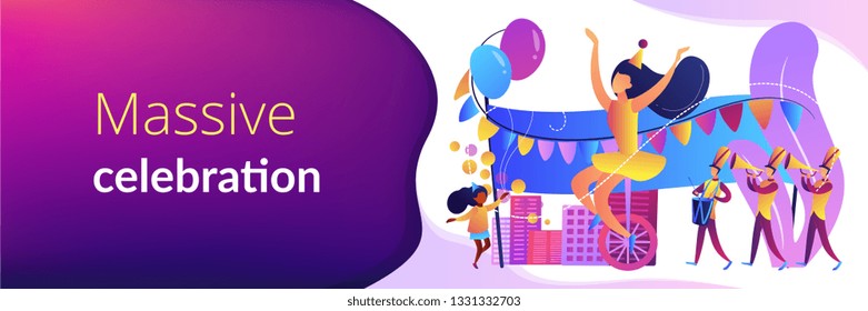 Parade of tiny people, clown, marching music band at national holiday or carnival. Parade, massive celebration, march procession of people concept. Header or footer banner template with copy space.