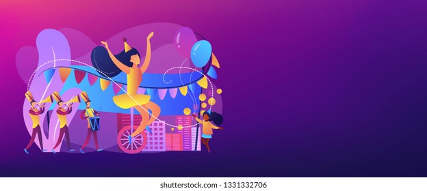 Parade of tiny people, clown, marching music band at national holiday or carnival. Parade, massive celebration, march procession of people concept. Header or footer banner template with copy space.