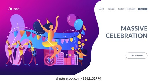 Parade of tiny people, clown, marching music band at national holiday or carnival. Parade, massive celebration, march procession of people concept. Website vibrant violet landing web page template.