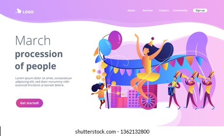 Parade of tiny people, clown, marching music band at national holiday or carnival. Parade, massive celebration, march procession of people concept. Website vibrant violet landing web page template.