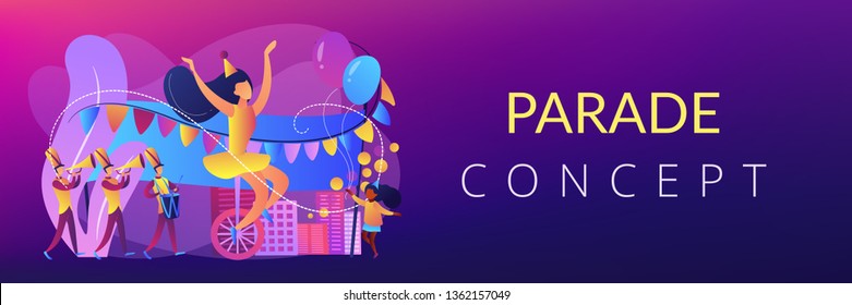 Parade of tiny people, clown, marching music band at national holiday or carnival. Parade, massive celebration, march procession of people concept. Header or footer banner template with copy space.