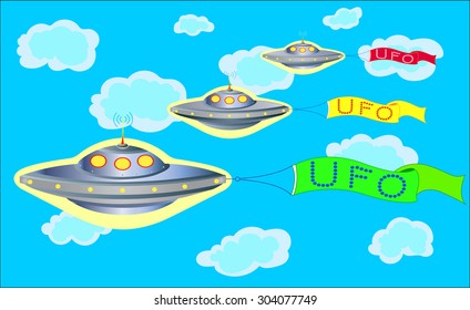 Parade of UFOs in the blue sky with colorful banners with lettering UFO  fantastic humorous banner