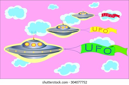 Parade of UFOs in the pink sky with colorful banners with lettering UFO  fantastic humorous banner