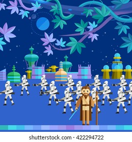 Parade.Alien civilization, alien plants. Master stands with sword.