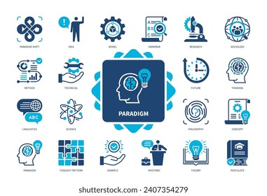 Paradigmensymbol-Set. Philosophie, Wissenschaft, Theorie, Denkmuster, Rhetorik, Postulat, Paradigmenwechsel, Soziologie. Duotone-Farbsymbole