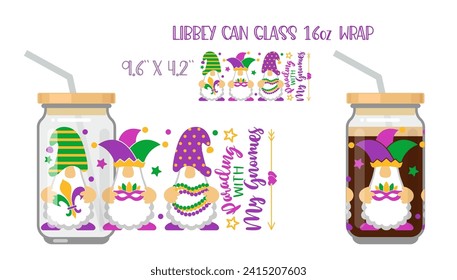 Parading with my Gnomies. Mardi Gras concept with libby glass can mockup. Vector Illustration