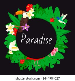 Paradise background. Beach design, jungle banner vector illustration. Tropical palm tree leaves with bright flowers. Exotic Hawaii with tropical birds such as toucan, parrot.