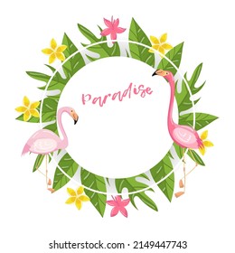 Paradise banner template with place for text, pink flamingo and green tropical leaves vector illustration