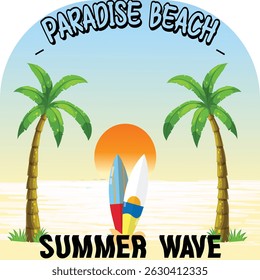 Paradise beach artwork, palm tree beach sunset, Long beach, summer vibes hand draw, summer wave  illustration, typography  t-shirt.