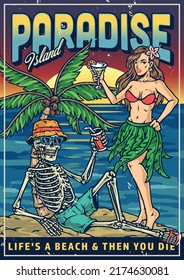 Paradise beach colorful poster vintage girl and skeleton on hot tropical island in front palm trees and sunset vector illustration