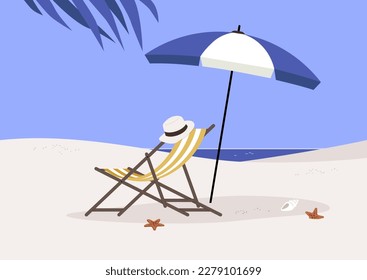 A paradise beach with a deck chair made of wood and a piece of fabric, a parasol, and a coconut palm tree, summertime outdoor lifestyle