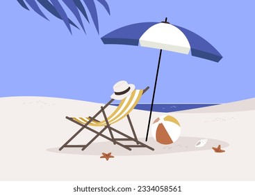 A paradise beach with a deck chair made of wood and a piece of fabric, a parasol, a ball, and a coconut palm tree, summertime outdoor lifestyle