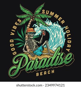 Paradise beach emblem vintage colorful skeleton tourist spends summer weekend by sea with palm trees and waves vector illustration